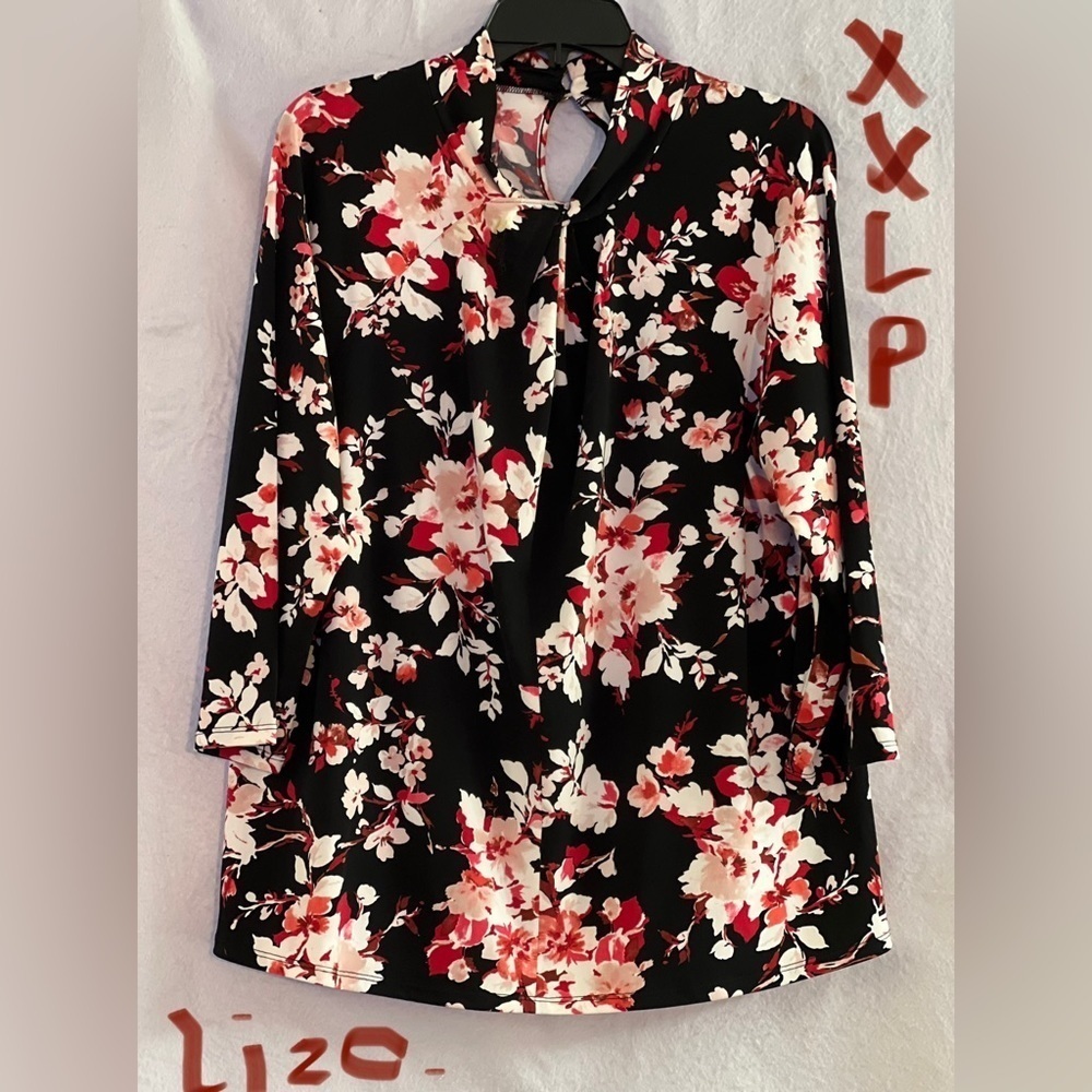 LADIES BLACK TOP WITH RED & WHITE FLOWERS